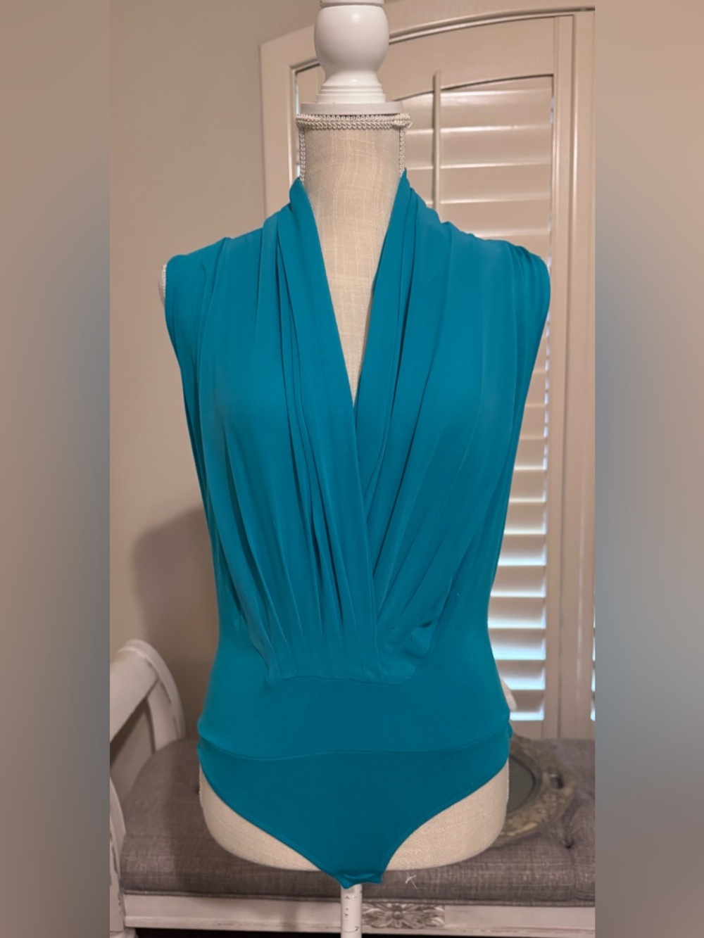 New York and Company Sleeveless Teal Draped V-Neck Bodysuit